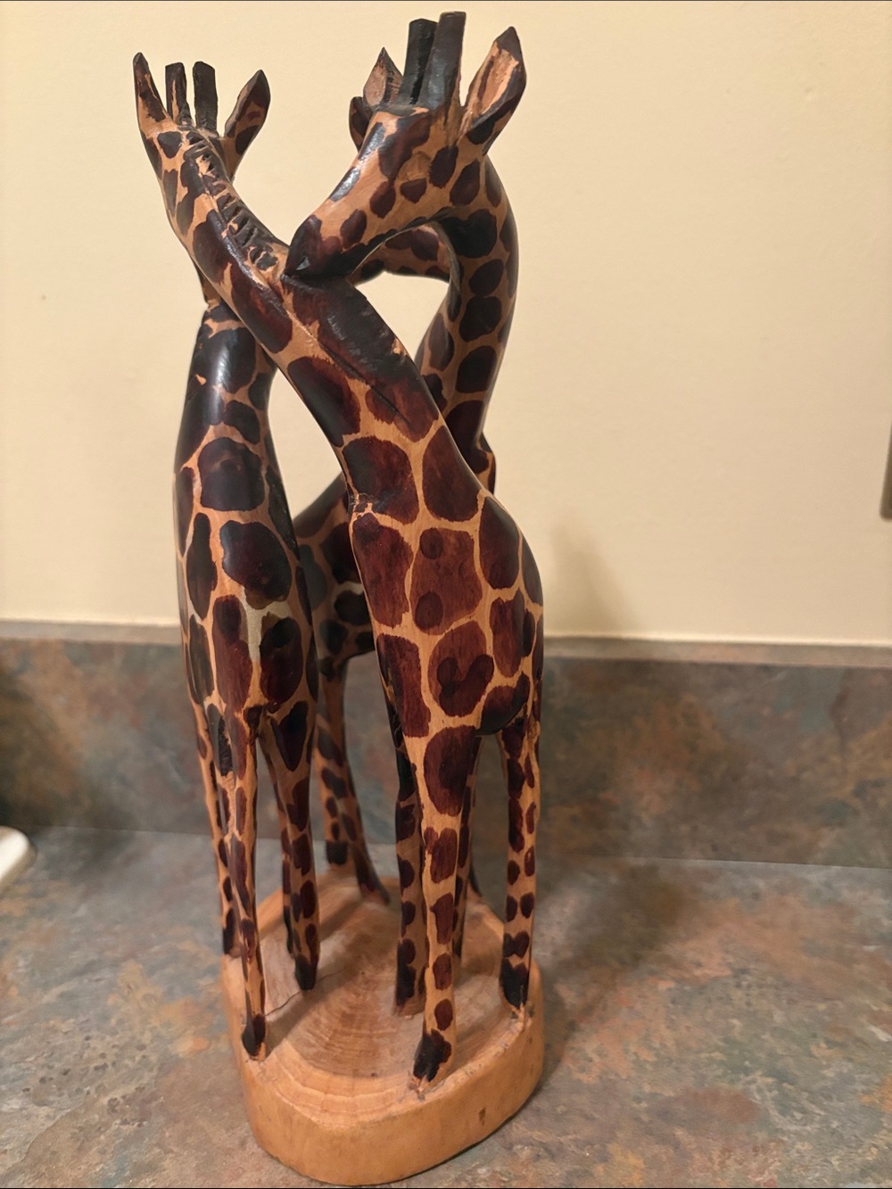 Vintage Hand carved Wooden Giraffe Statue - 3 intertwined giraffes - 12" high